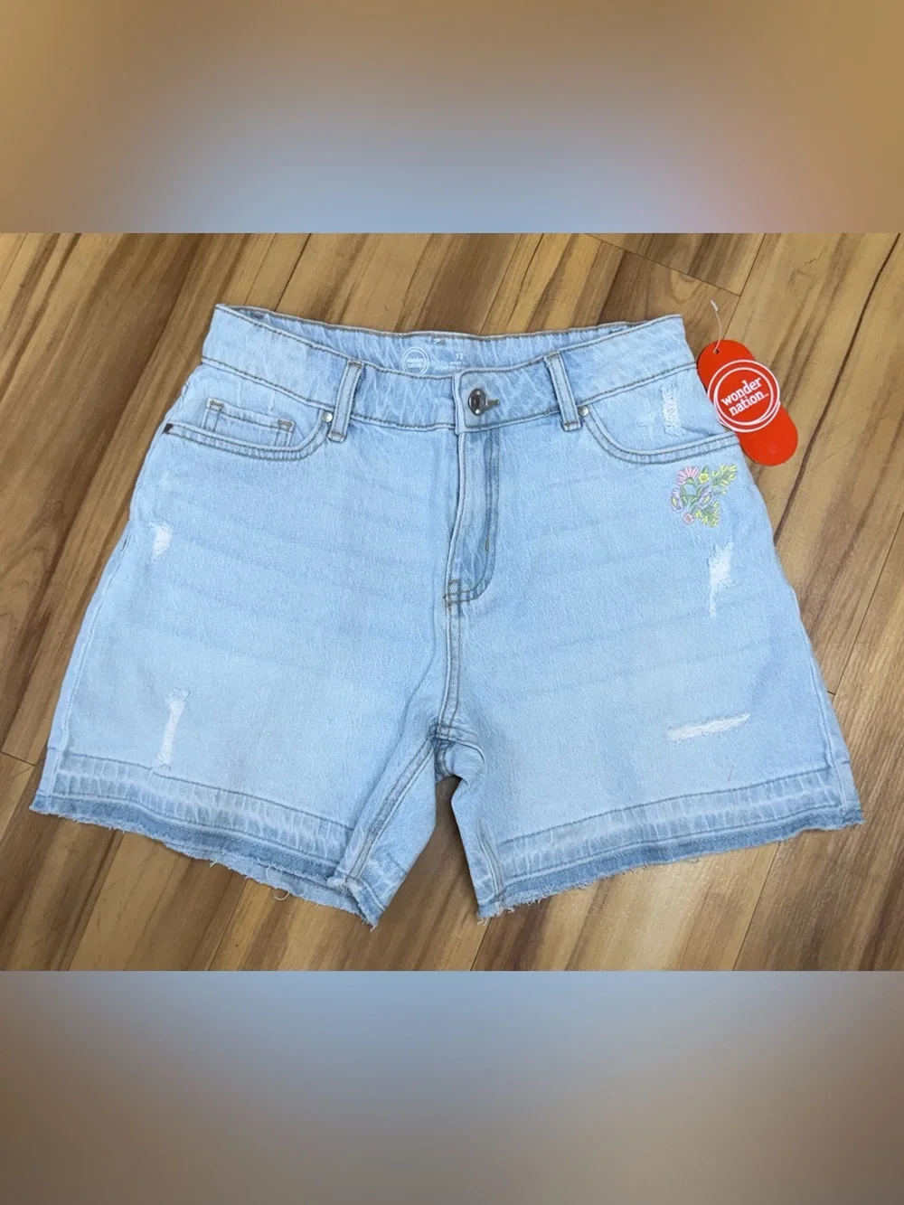 178: Wonder Nation Light Blue Denim Shorts with Embroidered Floral Detail - YM